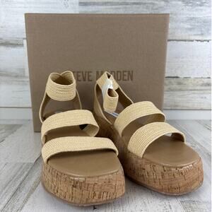 Steve Madden Women’s 9 Sashes Raffia Wedge Sandals Tan Platform Square Open Toe